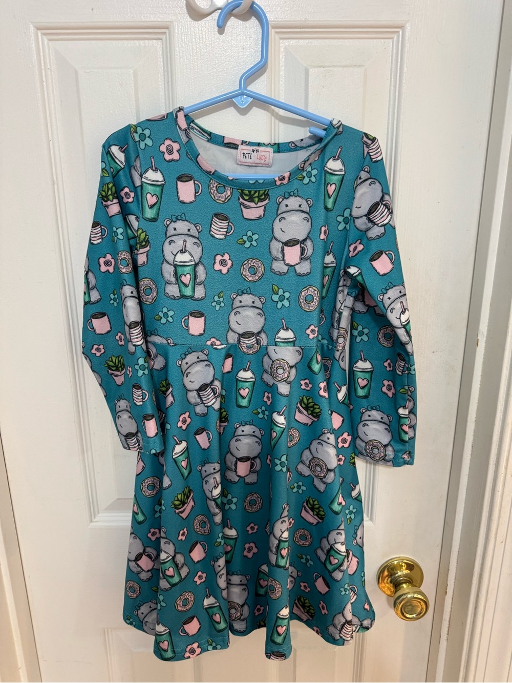 Pete & Lucy Girls Dress/ Hippos/donuts/ coffee